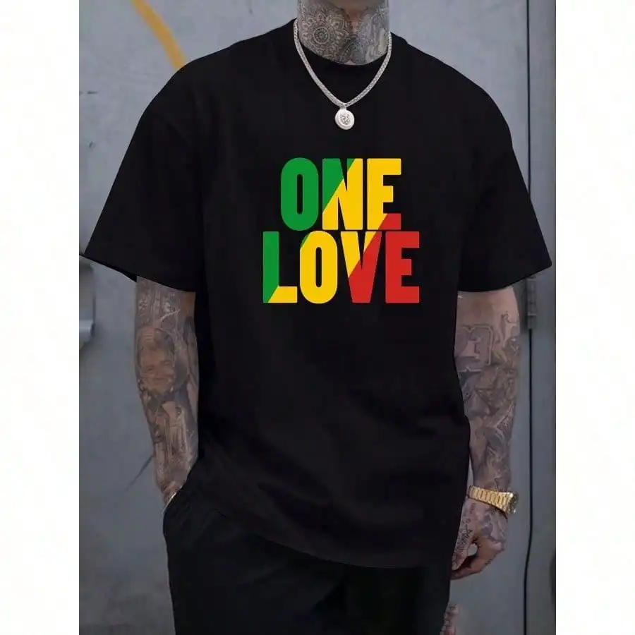 

Мужская футболка с рисунком «ONE LOVE» — повседневная летняя футболка с коротким рукавом, темно-синяя с яркими полосками, можно стирать в машине