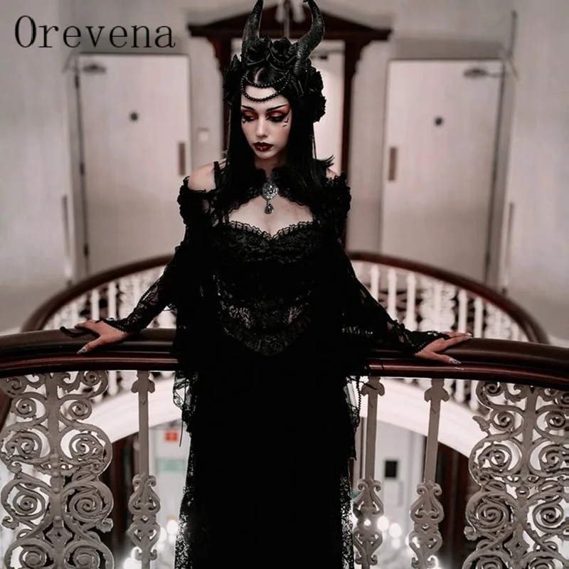 Orevena Sheer Crop Tops Long Bell Sleeves Women Dark Gothic Wedding Punk Cold Shoulder Costume Crochet Bolero Cover Up Shirt
