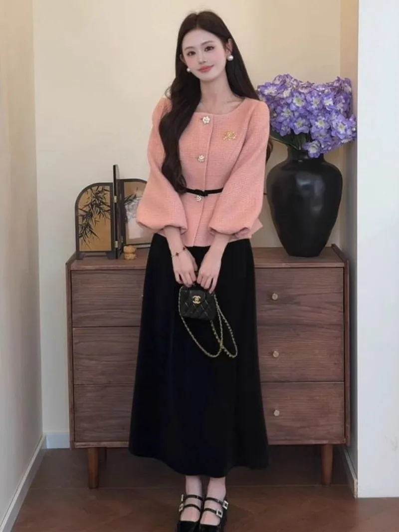 New High Quality French Elegant Party Two Piece Set Women O-neck Lantern Sleeve Jacket + Midi Skirt Small Fragrant Fashion Suit