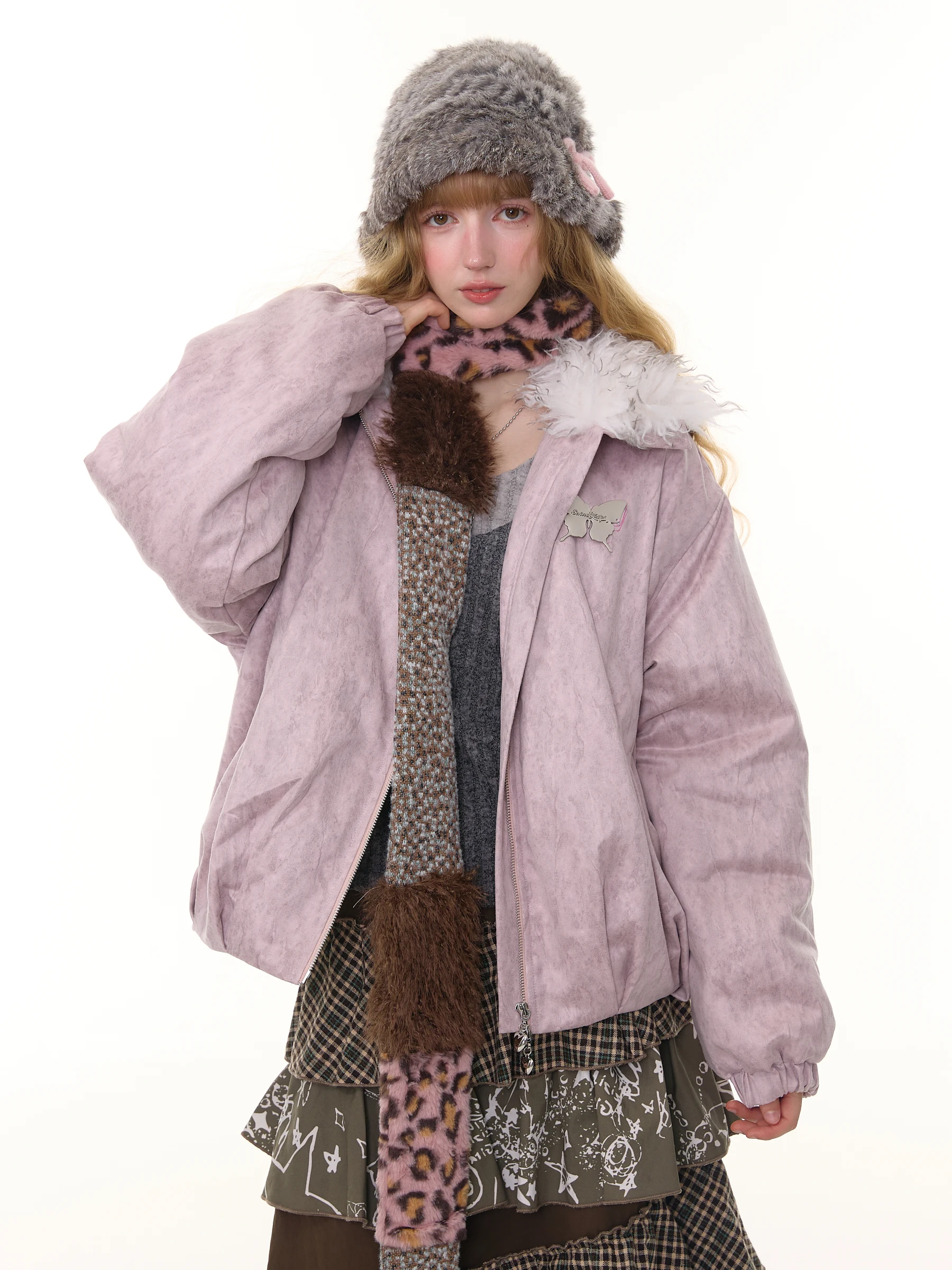 

Утепленная хлопковая куртка с розовым меховым воротником для женщин, теплая, свободного кроя, с длинными рукавами, на молнии, зимняя новинка