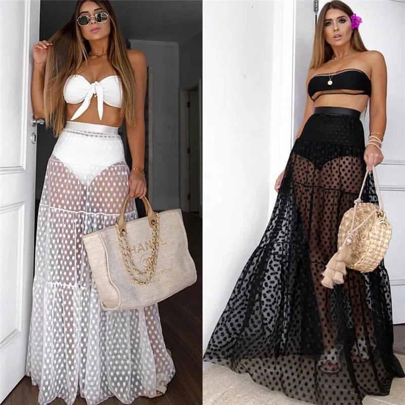 Sommer Bademode Frauen Maxi Rock Durchsichtig Polka Dot Plissee Retro Badeanzug Bikini Cover Up Elastische Taille Bade Röcke