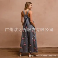Denim Floral Print Trendy Sleeveless Jumpsuits for Women Rompers Festival Outfit Loose Overalls Pleated Pockets Long Pants - Image 3