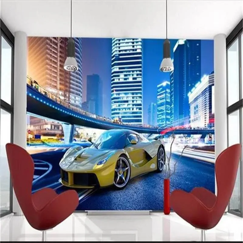 Modern Yellow Car City Night Landscape 3D Wall Mural Wallpaper Personality Restaurant Clubs KTV Bar Interior Decor Background