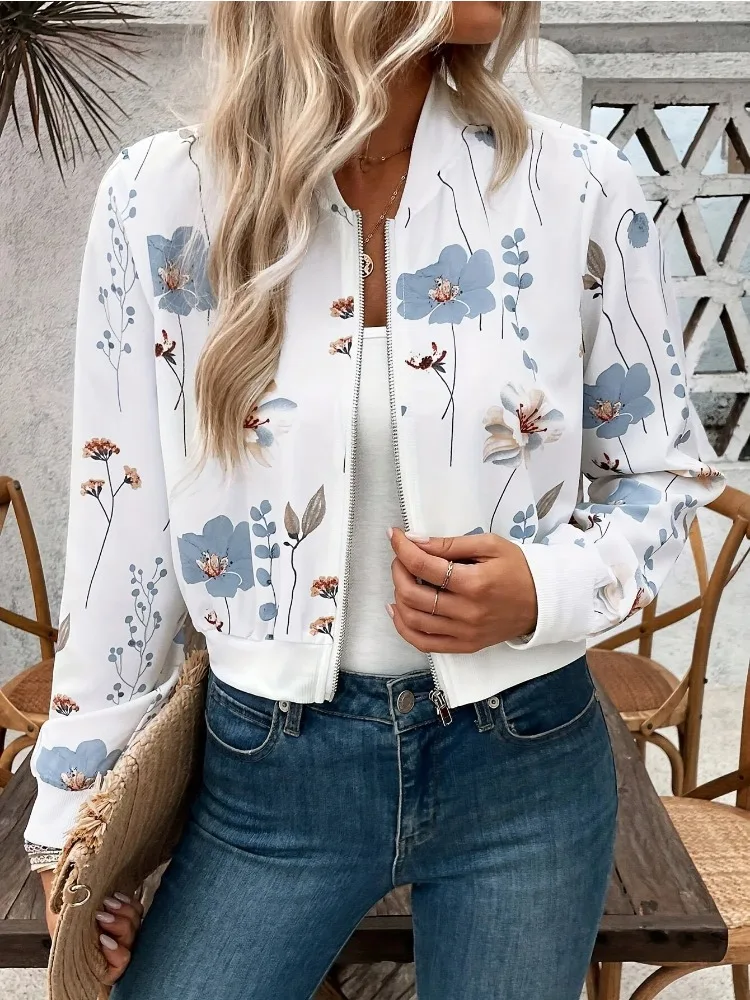 New in Jackets Women\'s Tops 2024 Autumn Fashion Casual Elegant Iightweight Short Bomber Jacket Modern Zipper Floral Print Coats