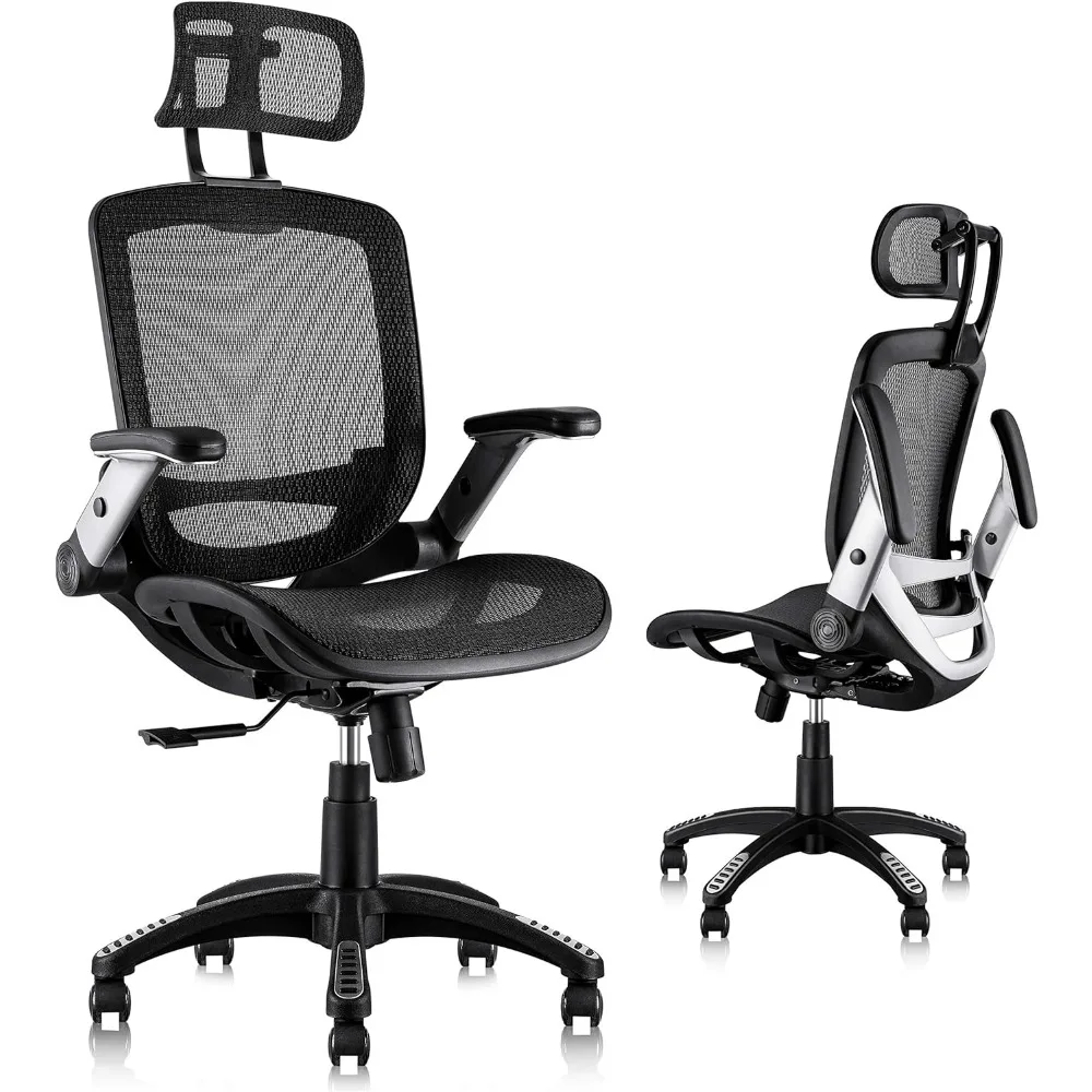 Silla de oficina de malla ergonómica, silla de escritorio de espalda alta, reposacabezas ajustable con brazos abatibles, función de inclinación