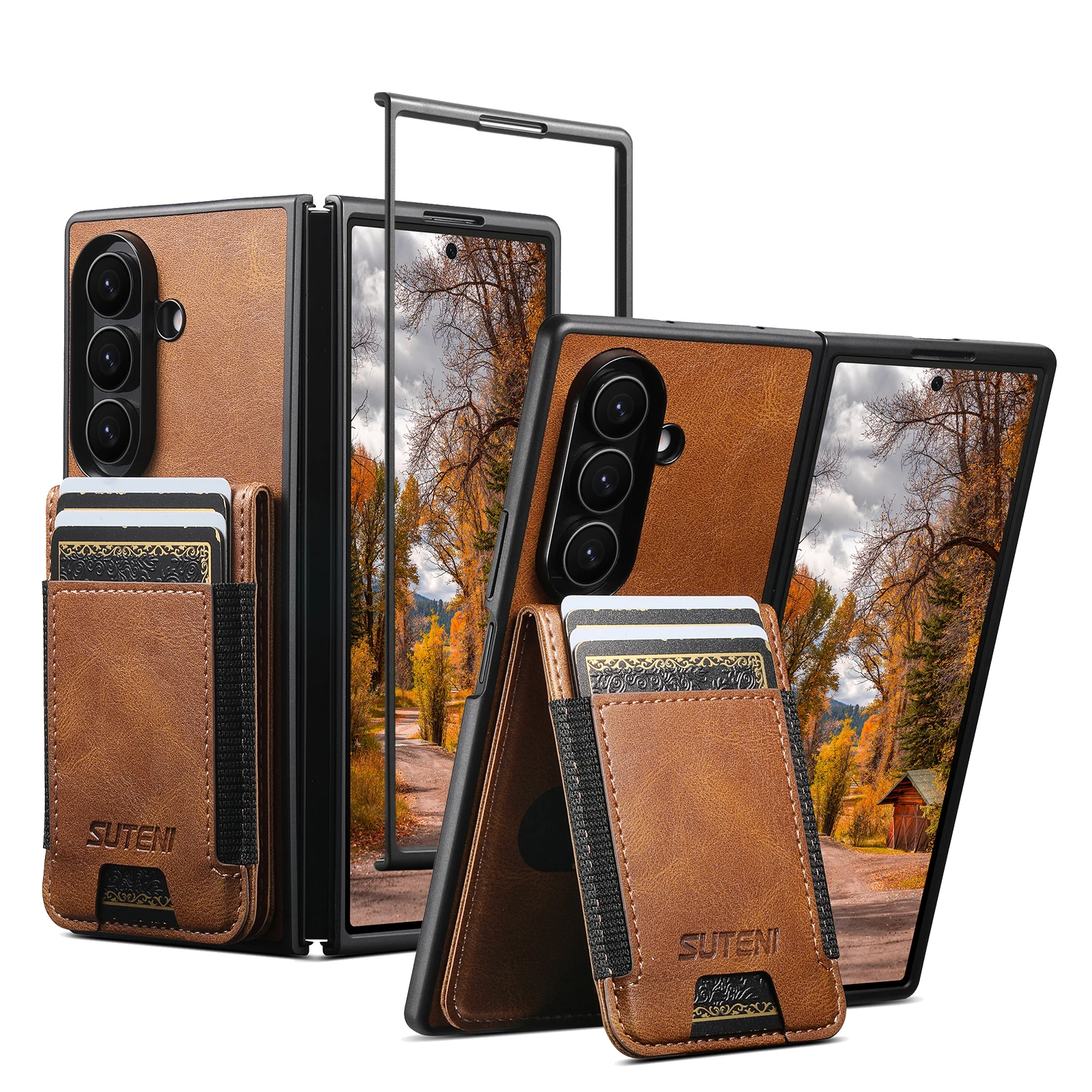 SUTENI Kartenhalter, glatte Textur, Handyhülle, elastisches Band, luxuriöser Kunstleder-Ständer für Samsung Galaxy Z Fold 8 Ultra 7 6 5