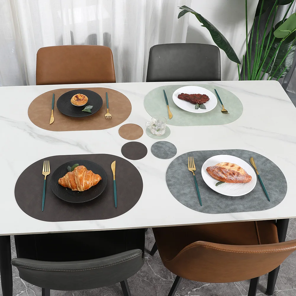 

4 Mat with 4 Coaster Heat Insulation Placemat PU Table Pad Mat Dining Disc Bowl Coaster Non-Slip Kitchen Decoration Accessories