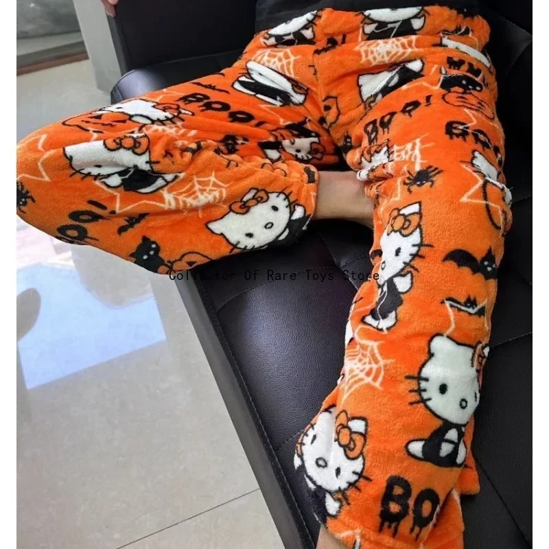 Sanrio Halloween Pajamas Kawaii Cute Anime Character Hello Kitty Wool Double Stretch Fabric Soft Women's Pants Christmas Gift