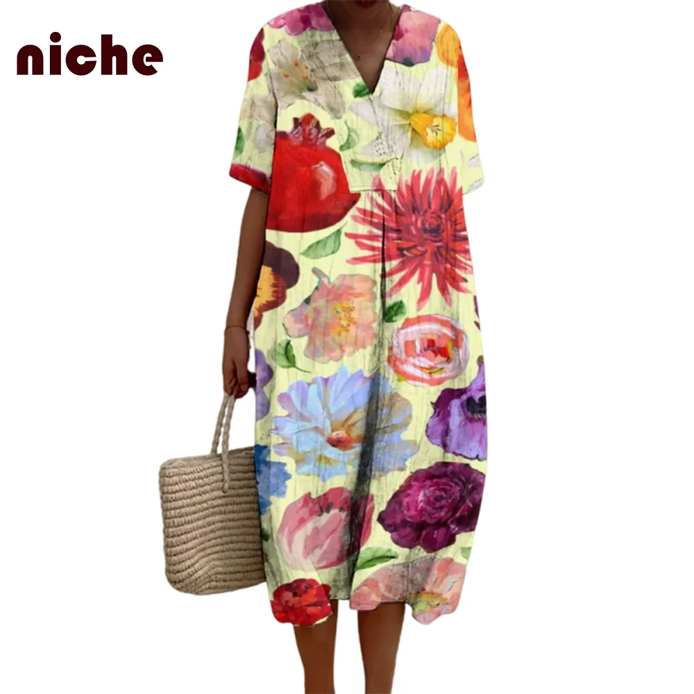 Vintage Color Flower Chic Graphic Print Women's Dress High Quality Soft Fabric Fashion Trend New Beach New Skirt