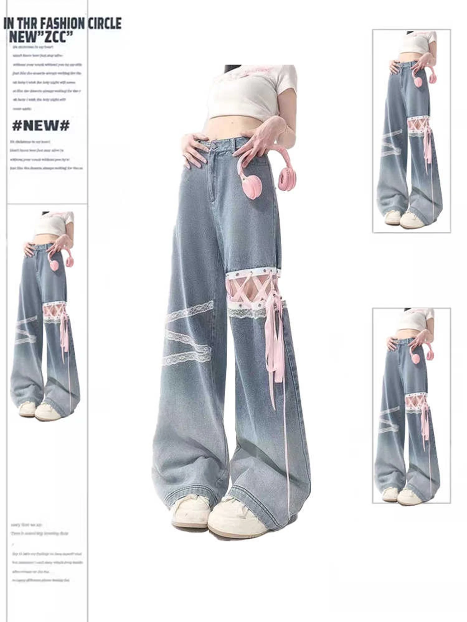 

Women Blue Baggy Hollow Out Bandage Jeans Harajuku Vintage Wide Jeans Y2k Denim Trousers Japanese 2000s Style Long Pants Clothes