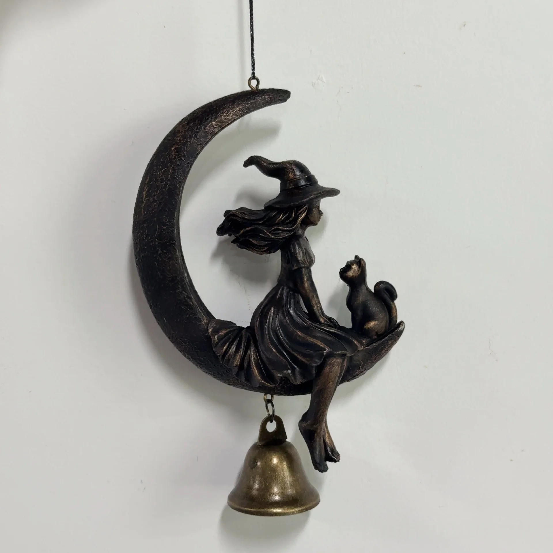 ساحرة الرياح الرنين هالوين الساحرة القطة السوداء القمر الرياح الرنين لحديقة فناء ديكور المعادن معلقة جرس زخرفة مع القط للحديقة #3
