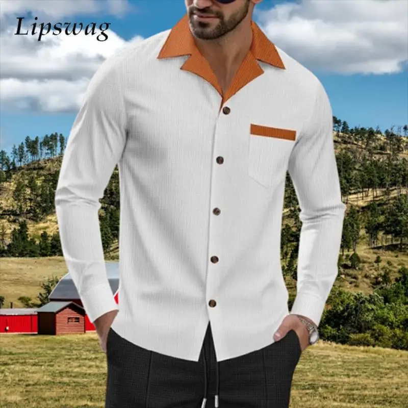 

Stylish Men's Patchwork Lapel Shirts Spring Fall Casual Waffle Textured Contrast Color Shirt For Mens Leisure Long Sleeve Shirts