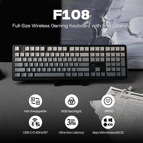 Imagen 2 del producto EPOMAKER x AULA F108 tamaño completo 100% diseño ANSI intercambiable en caliente con cable/2,4 GHz/Bluetooth 5,0 teclado mecánico inalámbrico retroiluminación RGB