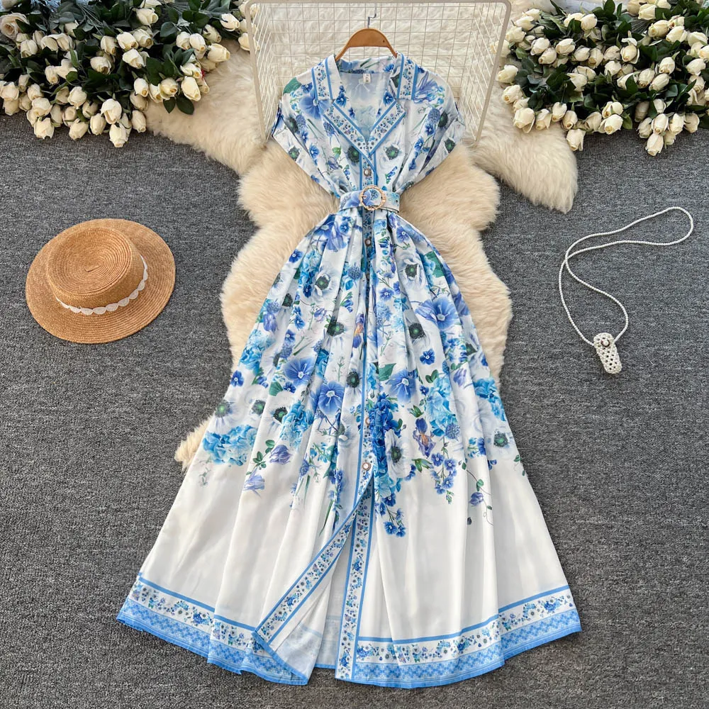 

Women Dresses Print Dress A Line Button Turn Down Collar Sleeveless Empire Cinched Waist Ankle Length Loose Casual 2026 Summer