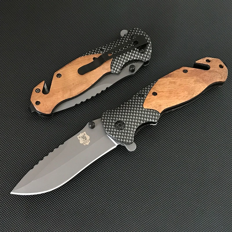 

Liome Tactical Folding Knife Wooden Handle Multifunctional Outdoor Survival Security Defense Pocket Knives EDC Tool