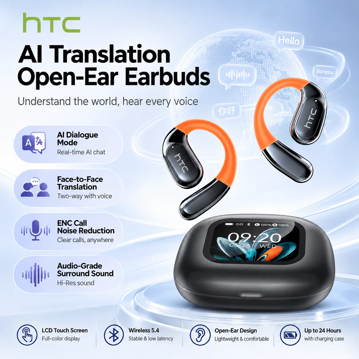 HTC NE27 AI Translator Earbuds Smart Touch Control HD LED Display Bluetooth Earphones Long Battery Soft OWS Wireless Headphones