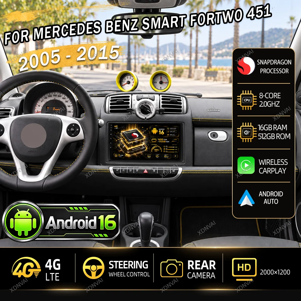 Android 16 Car Radio Video Player Multimedia For Mercedes Benz Smart Fortwo 451 2005 - 2015 Navigation RDS Qualcomm BT DSP GPS