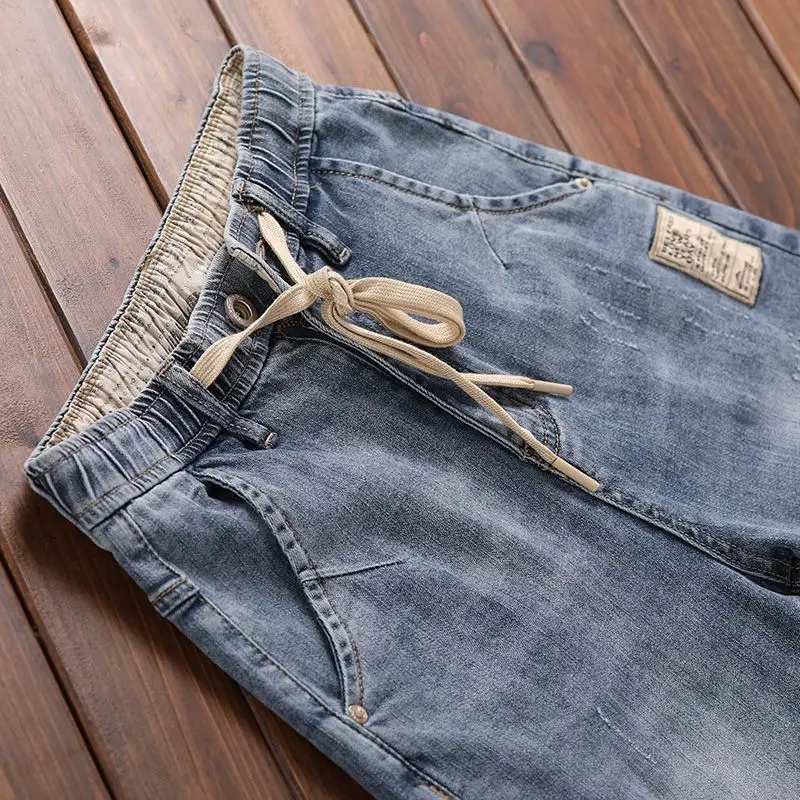 Luxury Korean Style Clothes Men\'s Denim Jeans with Elastic Waistband Drawstring for Washed Autumn Casual Stretch Jeans Male