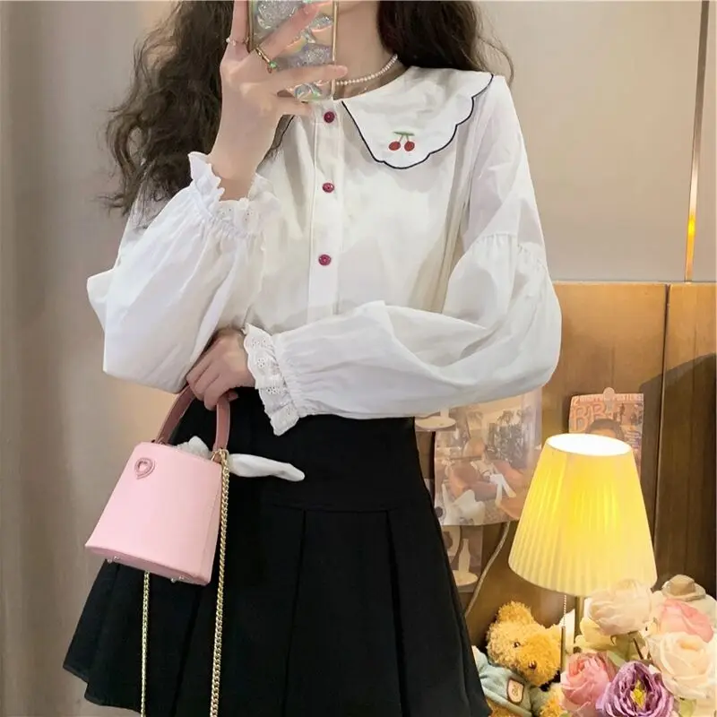 Chic Print Women White Shirt Fashion Peter Pan Collar Lantern Sleeve Blouses Elegant Casual Simple Female Y2K Streetwear 2024