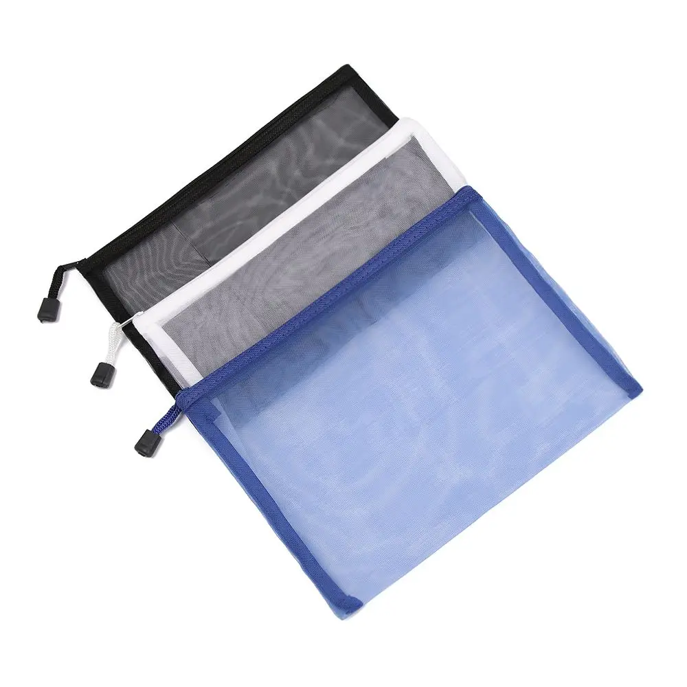 1pc Fashion Solid Color Makeup Handbags Cosmetic Stationery Cosmetic Storage Mesh Pen Bag Transparent Grid Zipper Pencil Case