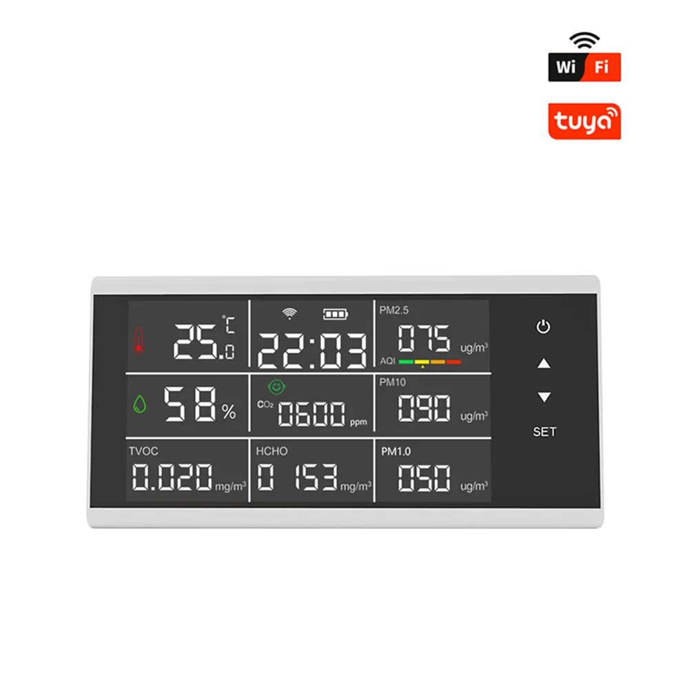Detektor Gas Wifi Tuya Layar Besar Baru Tombol Layar Sentuh 10 in 1 Temperatur dan Kelembapan HCHO/TVOC/PM2.5/PM10/CO2