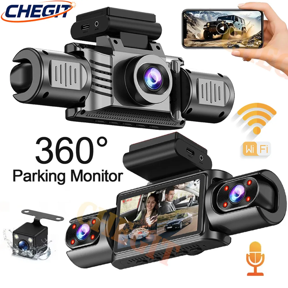 

Видеорегистратор для автомобиля, 4 канала, 360 градусов ° Внутренняя поворотная камера заднего вида с Wi-Fi и функцией круглосуточного мониторинга парковки, видеорегистратор для автомобиля