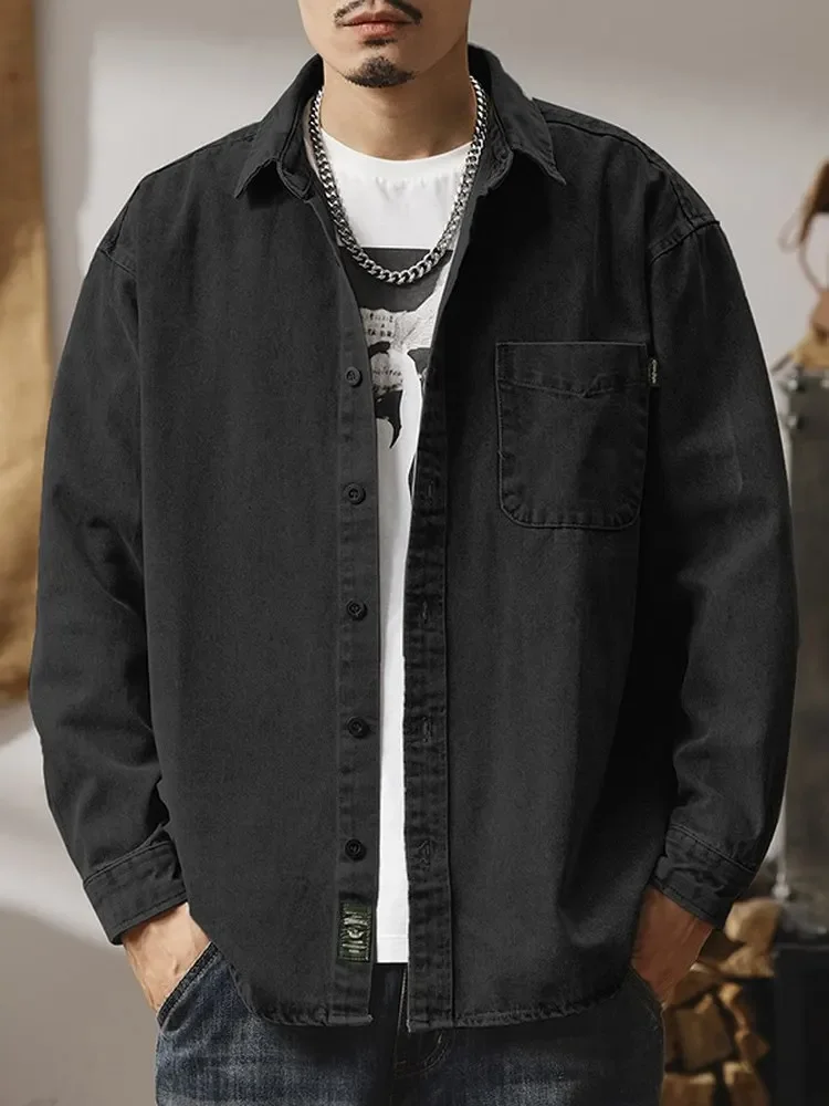 [اختياري مختلف] قميص دينيم بأكمام طويلة للرجال، قميص أمريكي وسيم، سترة سميكة غير رسمية فضفاضة للرجال مغسولة