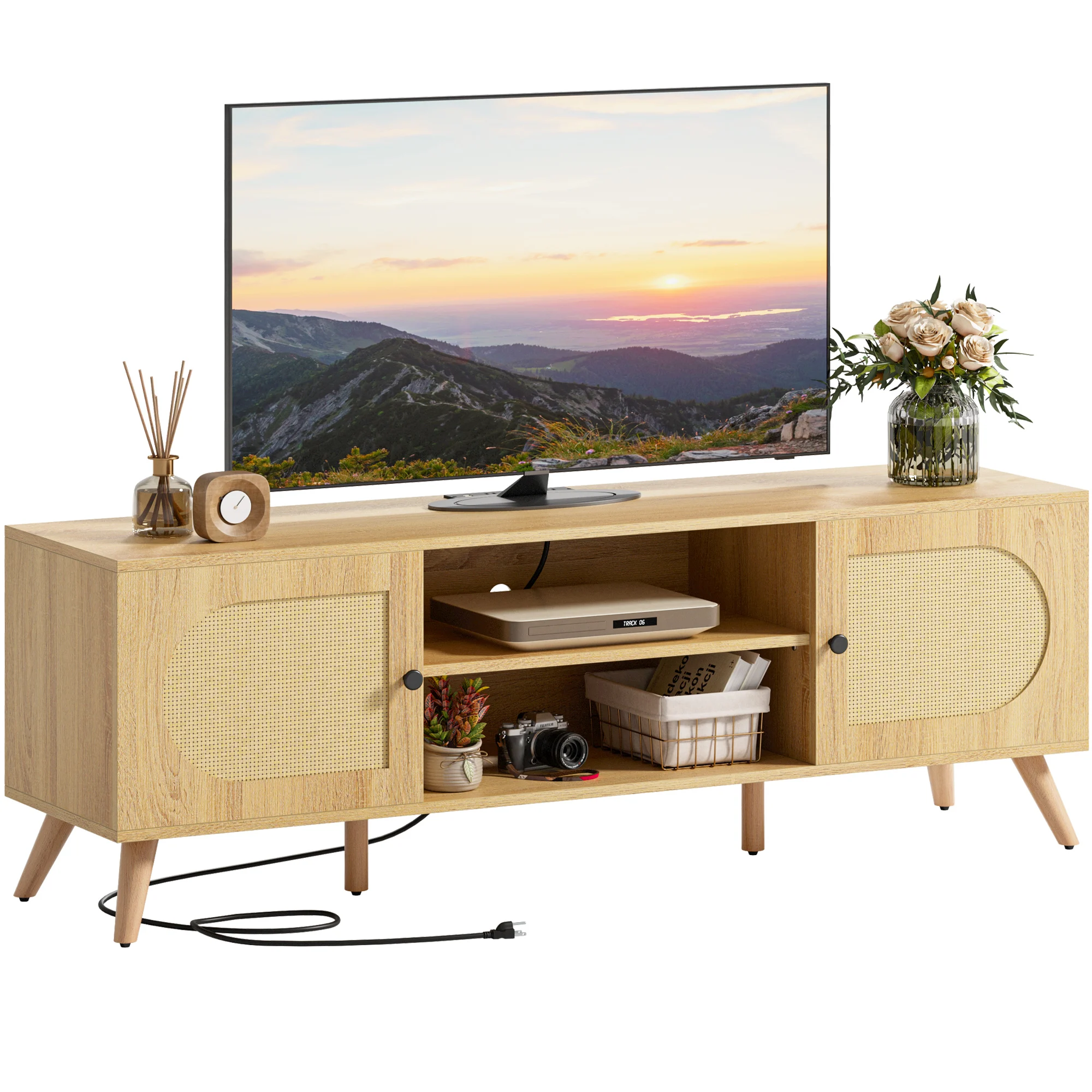 IRONCK TV Stand for 70 Inch, with Power Outlet, Entertainment Center with 2 Cabinets, Rattan TV Console with Adjustable Shelf,