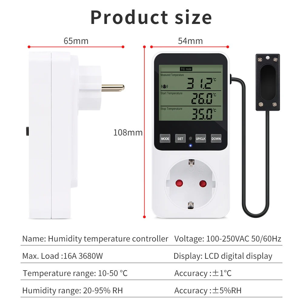 Digital Thermostat Temperature Humidity Controller LCD Display Timer Socket  Heating Cooling Alarm With Temperature Sensor