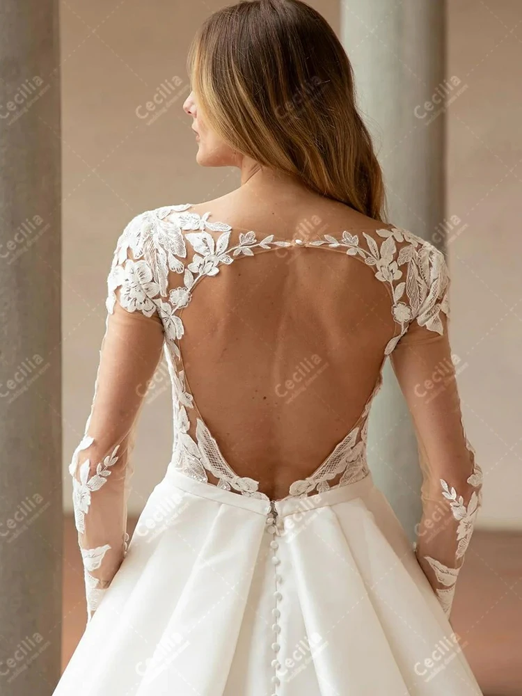 エレガントなウェディングドレス A ラインサテンブライダルドレスレースアップリケフルスリーブローブフォーマルパーティー用カスタマイズされた Vestidos デノビア