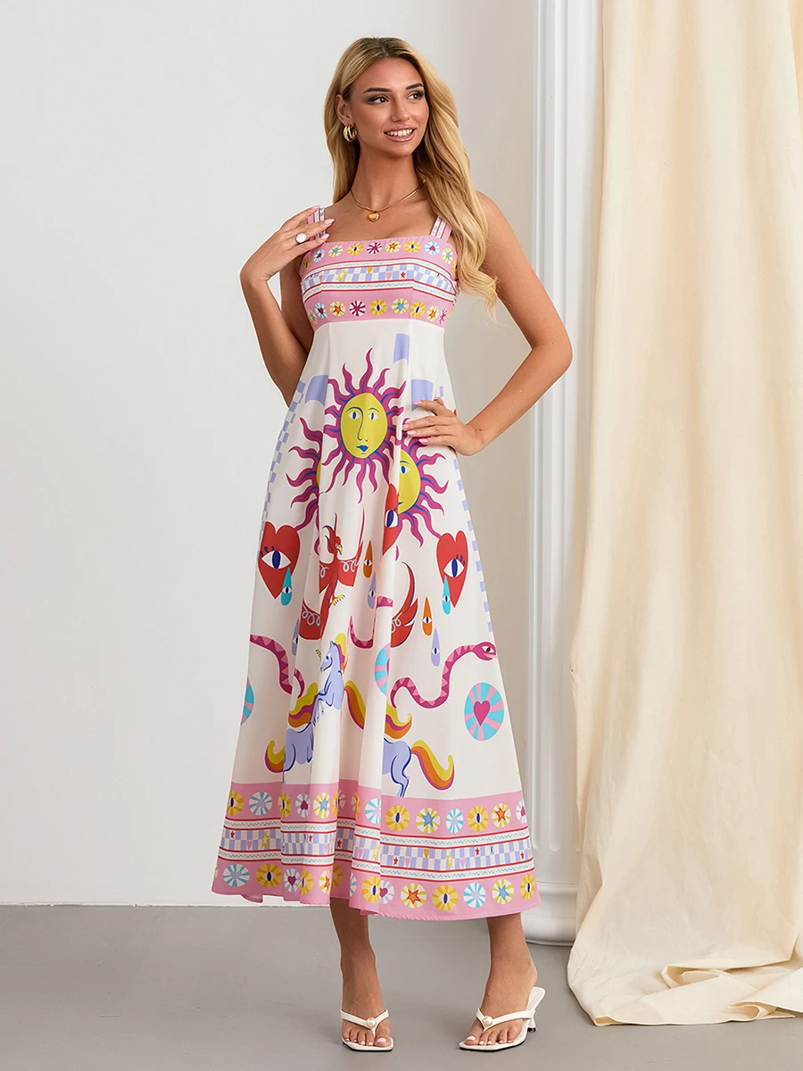 Vestido Swing Floral feminino com cinta de espaguete, vestido maxi boho, vestido cami em camadas, vestido de praia, verão, Y2K