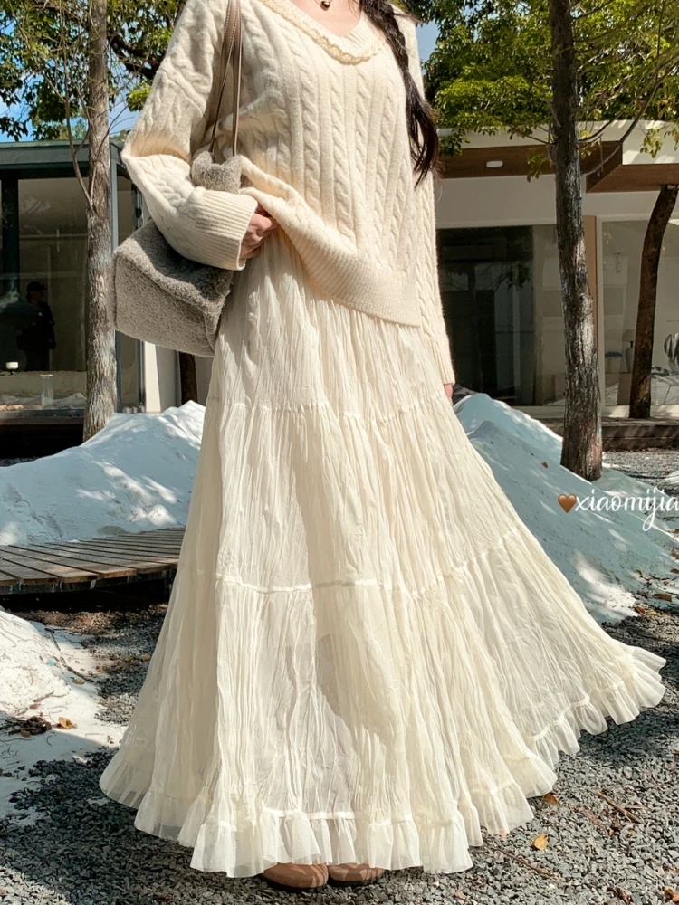 Wrinkled Pleated Skirt Women Long Skirts Spring Summer Korean Casual High Waisted A-Line Ruffle Skirts rok falda plisada