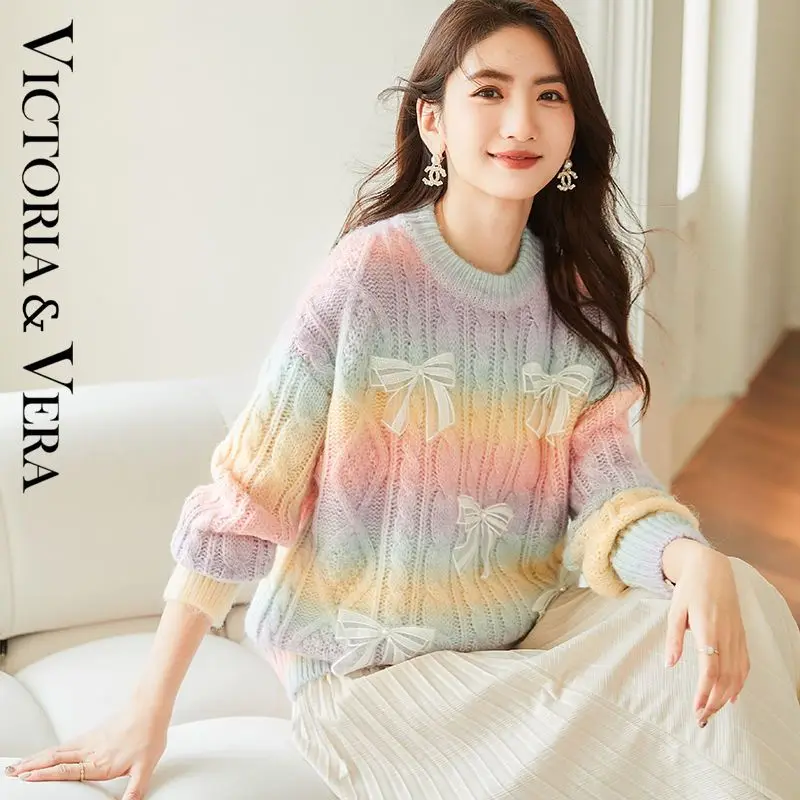 VICTORIA&VERA Knitted sweater rainbow mixed color sweater simple tops for women 2024 sweaters