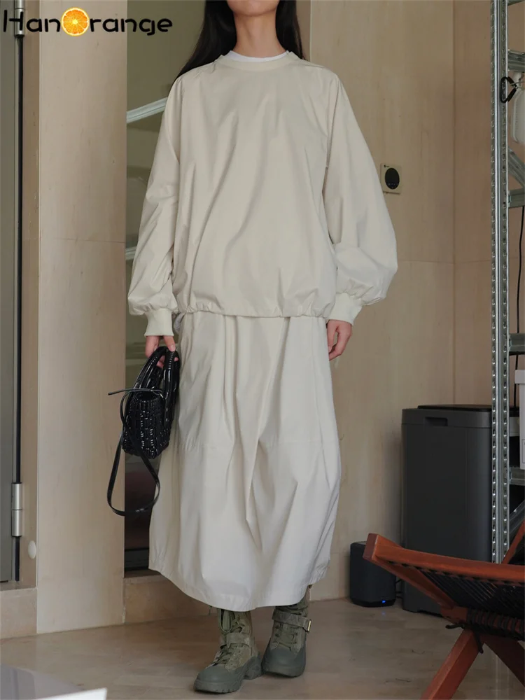 HanOrange 2026 Casual Irregular Fold Folding Elastic Waist Skirt Loose Silhouette A-line Skirt Black/Beige