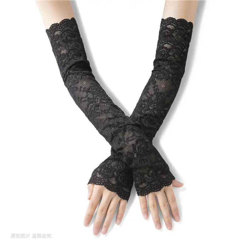 Women Black White Beige Pink Sun Protection Long Arm Sleeves Gloves Lace Gloves Wedding Party Dress Guantes Driving Gloves 43CM