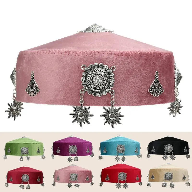 

Kazakh Hats Ethnic Princess Cap Beading Luxury Summer Winter Pretty Dancing Performance Street Outdoor Caps Tourist Green Hat