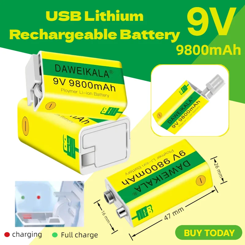 

9V 9800mAh Rechargeable Li-Ion Battery USB-C for Camera Multimeter Microphone & Toy Remote Control KTV Equip Long Lasting