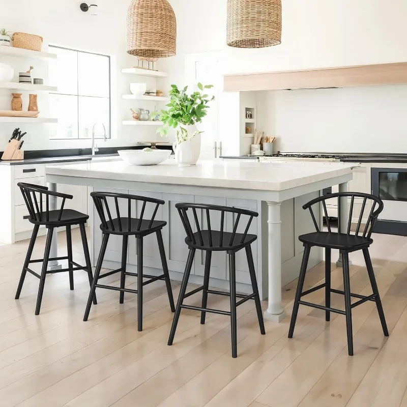 

Wood Bar Stools with Semicircular Backrest, Black Farmhouse Barstools Set of 4, Modern Counter Height Bar Stools for Ki