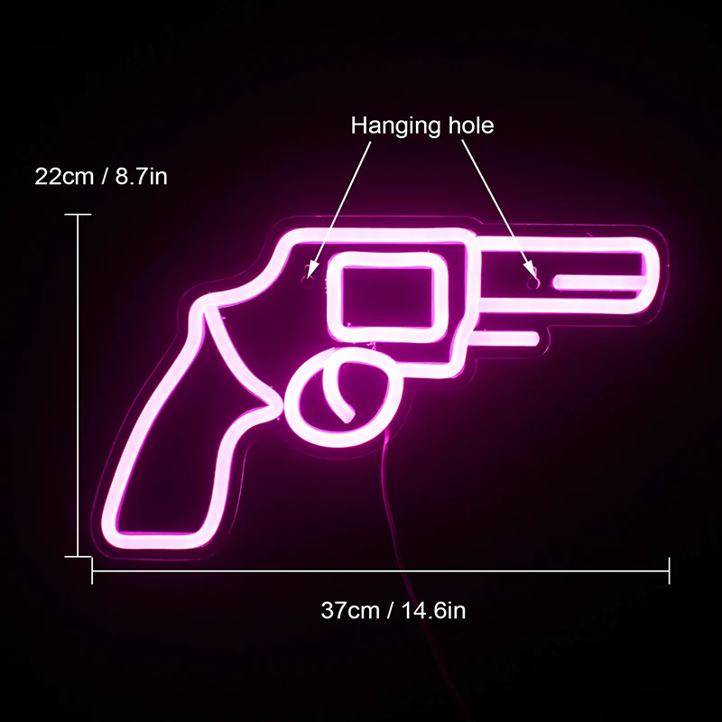 Imagem -02 - Revólver Neon Sign Luzes Led Pink Gun Pistol Design Wall Hanging Art Lâmpada para Quarto Home Bars Decoração do Quarto Gamer Usb