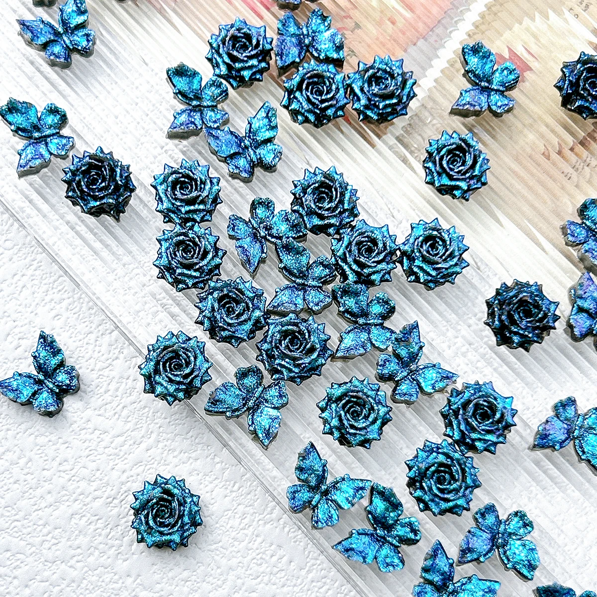 30PCS Luminous Creative Soft Butterfly Rose Resin Nail Charms 3D Deep Blue Fine Sparkling Flower Nail Art Decorations DIY Nails