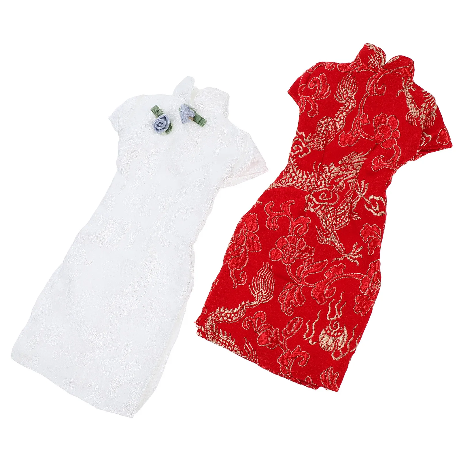 

2Pcs Premium Cheongsam Costume for Display Silk Blend Material Pearl Button Detail Retro Mini Clothing