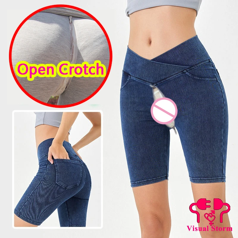 

Woman Open Crotch Panties Yoga Sport Hidden Zipper Lingerie Crotchless Sexy Trousers Elastic Fake Jeans Pants Couple Leggings