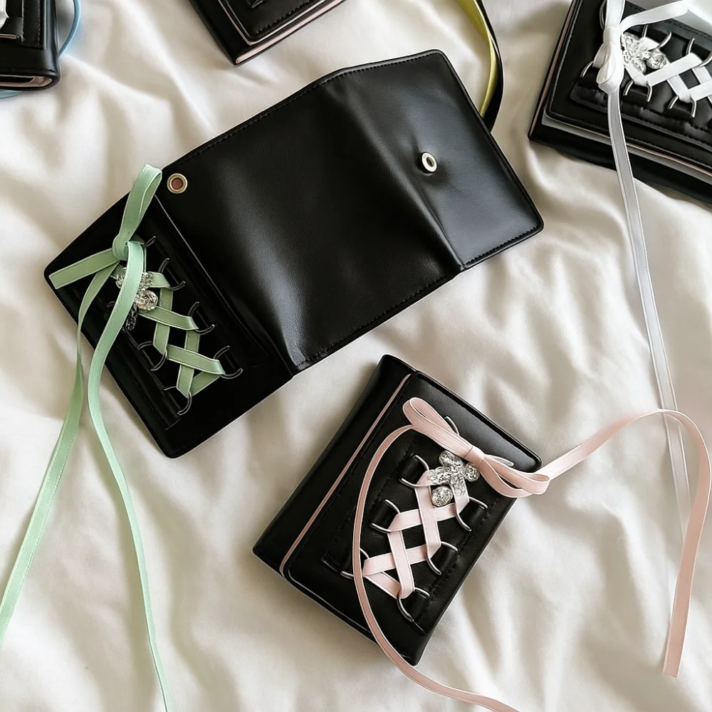 Korean Style Balletcore Three Fold Wallet Silk Ribbon Heart Crystal Bow Cash Purse Bag PU Leather Short