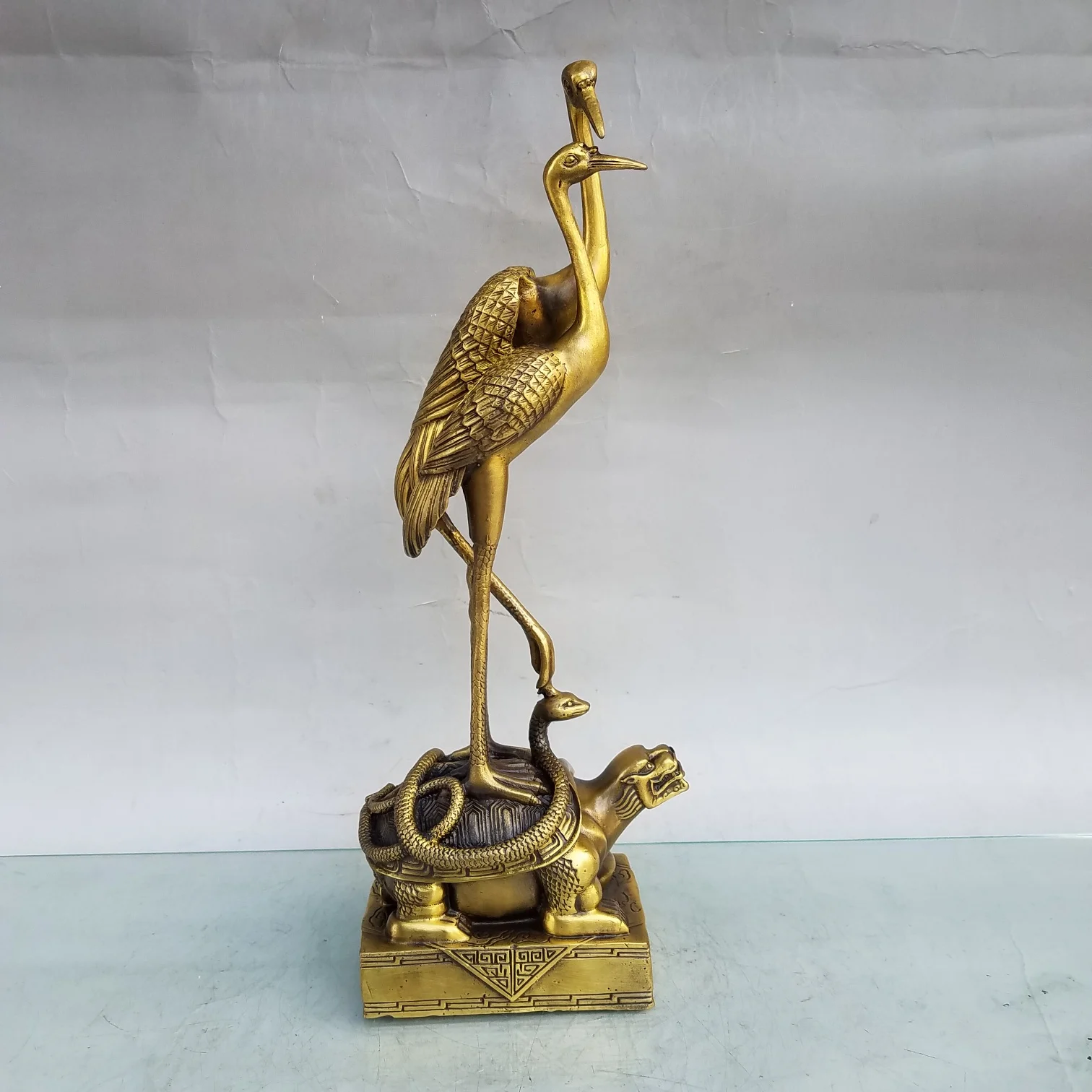 

19"Tibetan Temple Collection Old Brass Longevity Crane Tread Dragon Turtle Amass wealth Ornaments Town house Exorcism