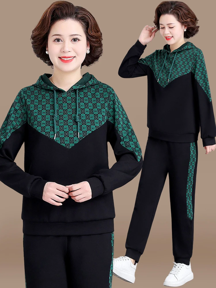 

Весенне-осенний повседневный спортивный костюм для мам, комплект из двух предметов для женщин среднего возраста, удобный худи, модный топ для пожилых женщин