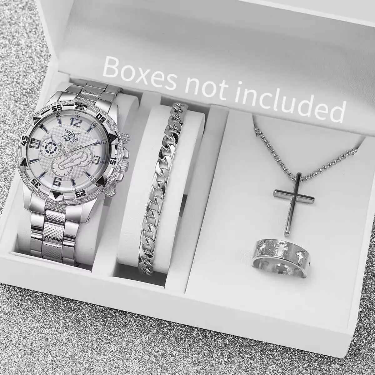 남성용 비즈니스 시계 패션 스틸 밴드, 아날로그 쿼츠 시계, Relogio Masculino 쥬얼리 세트, 박스 없음, 4PCs/세트