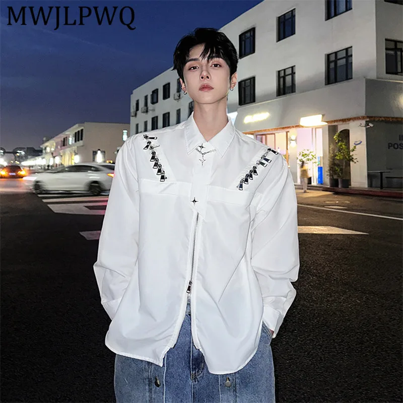 

Мужская модная рубашка с металлической молнией MWJLPWQ, с длинным рукавом, однотонная, свободного кроя, весна-осень 2026, новинка 13222