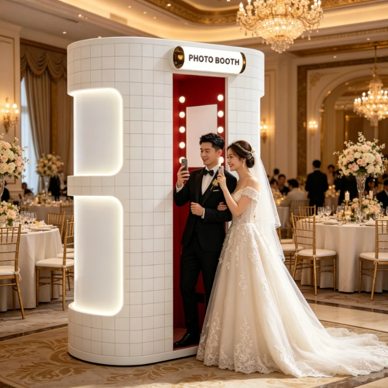 Customized Curved Enclosed Photo Booth Machine, Built-in Professional Camera & Instant Printer for Wedding Party