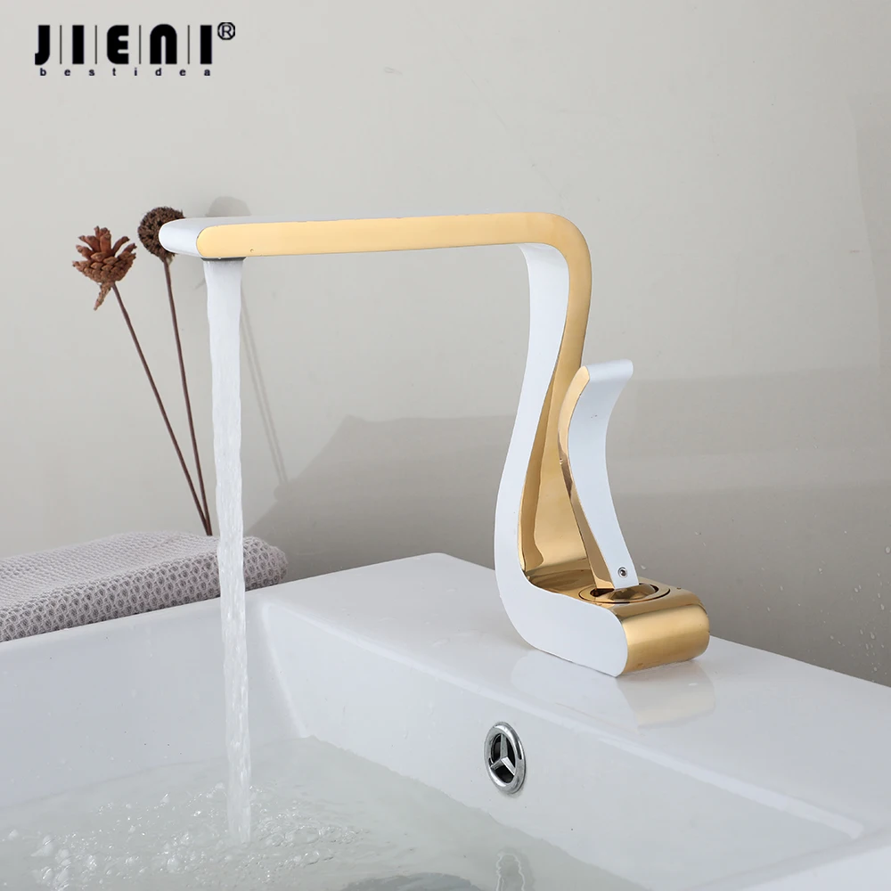 JIENI Bathroom Faucet Golden Finished W/ White Plated Deck Mounted Stream Outlet Single Handle Single Hole Basin Sink Mixer Tap