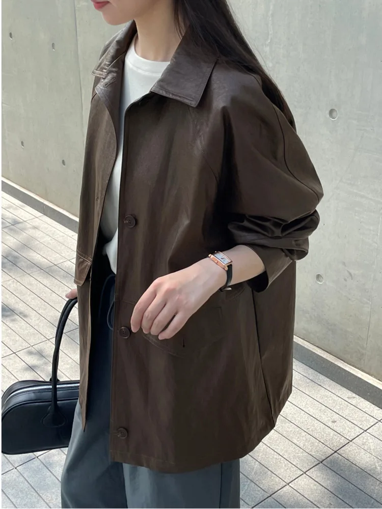 Vintage Brown Pu Leather Jacket Women Lapel Loose Raglan Sleeve Single Breasted Mid Length Coat